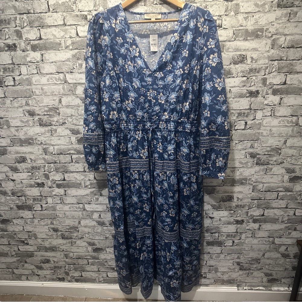 NWT LOFT Blue Floral Long Sleeve Dress Size XL